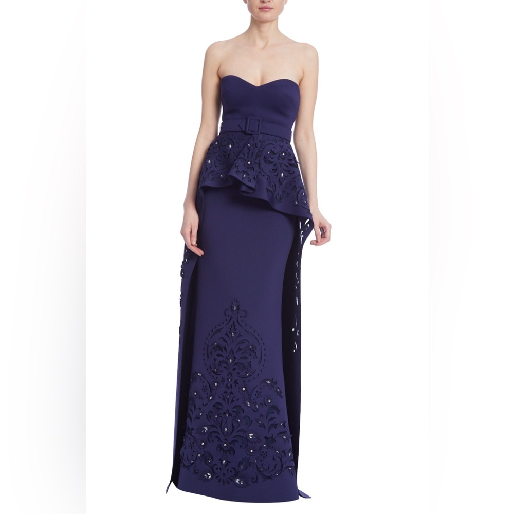Strapless Peplum Gown with Laser-Cut Details